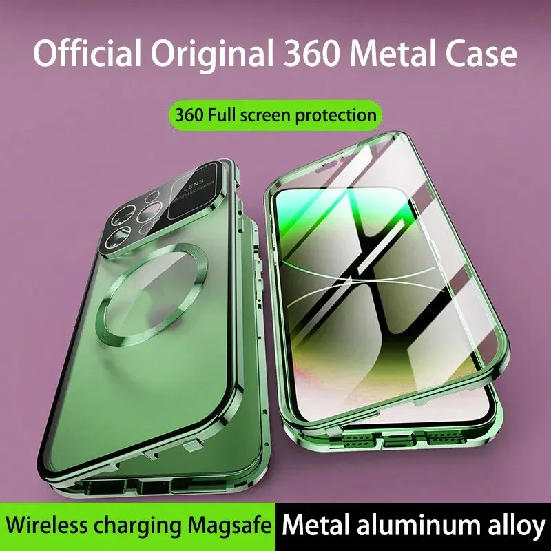 Metal Aluminum Alloy Magnet Case For iPhone 15 12 13 14 Pro Max 360°Full Screen Lens HD Glass Adsorption Len Protection Cover