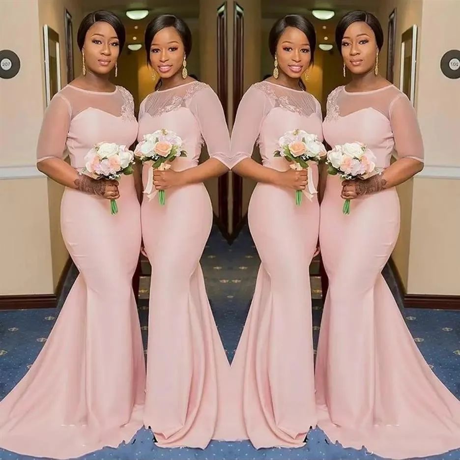 2022 Blush Pink Sheer Jewel Neck Bridesmaid Dresses 12 Sleeve Mermaid golvlängd Black Girls Maid of Honor Gown Wedding Guest Dr189b