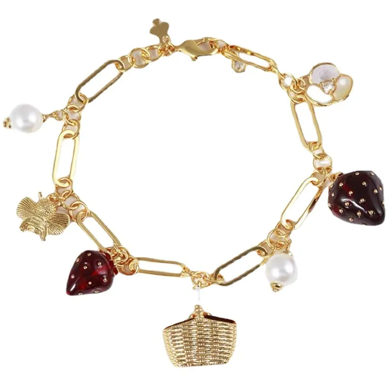 Pulseiras femininas doces tridimensionais morango abelha flor madrepérola cesta tecida à mão pulseira criativa