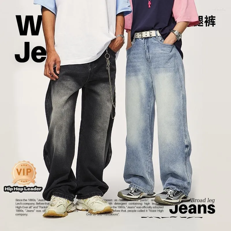 Herr jeans hiphop ledare officiel butik y2k baggy för män breda ben byxor fickor elastisk midja streetwear lös bekväm 202