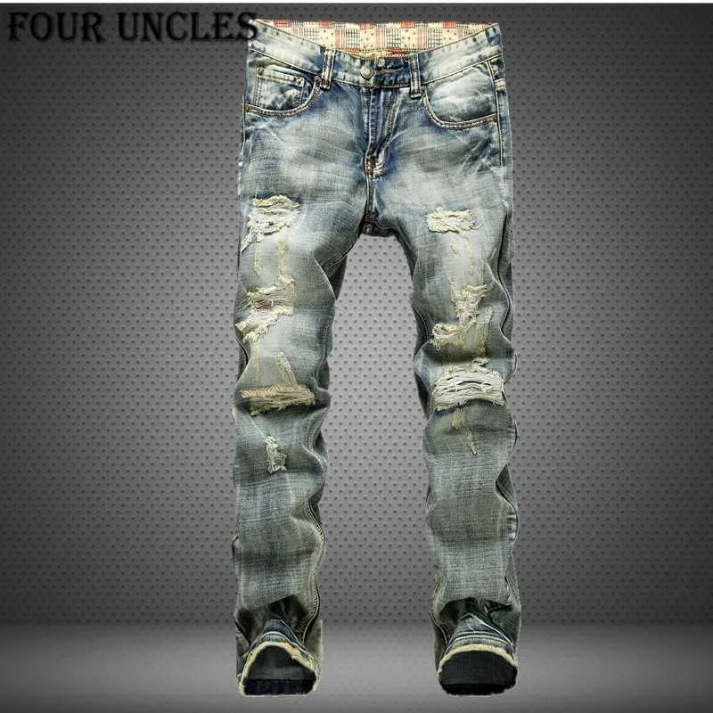 Uomo Big Size 42 2021 Stile europeo Uomo Fori Frazzled Jeans Uomo Casual Tempo libero Denim Pantaloni lunghi Azzurro L230724