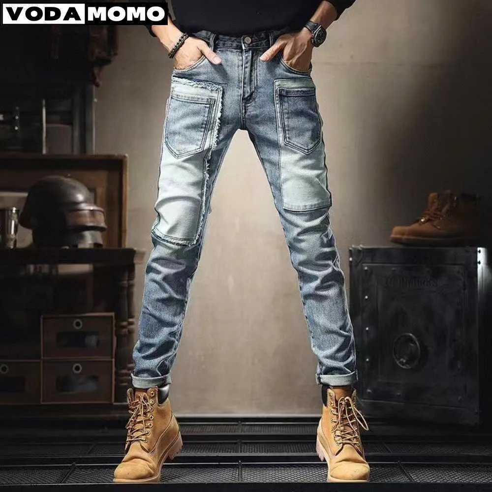 Pantalones vaqueros de los hombres Primavera Otoño Patchwork Etiqueta engomada de la vendimia Carga Motocicleta Pulido Denim Moda coreana Hip-hop Trabajo de lujo Pantalones elásticos delgados L230724