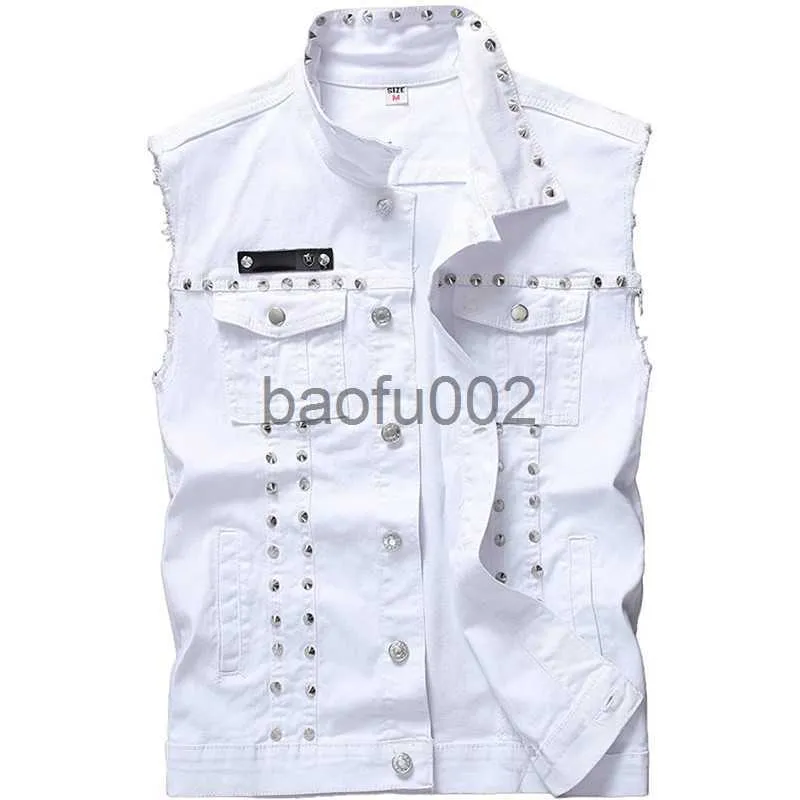 Men's Jackets Idopy Mens White Denim Vest Single Breasted Rivet Party Stage Slim Fit L-5XL dded Waistcoat Cotton Jacket For Male Plus Size J230724