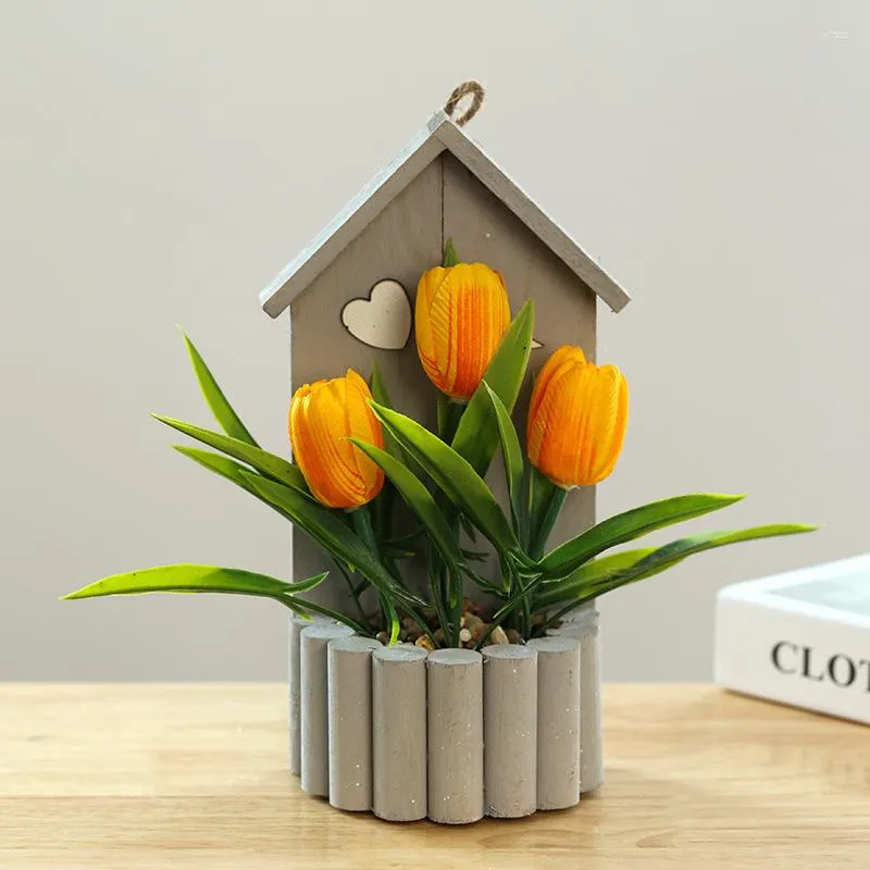 Fleurs décoratives 25cm plantes suspendues au mur tulipe artificielle bonsaï fausse herbe avec Pot artisanat en bois de soie pour la décoration de porte à la maison