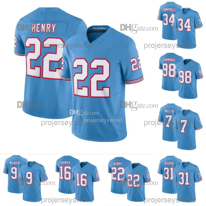 Camisa de retrocesso do Houston Oilers Derrick Henry DeAndre Hopkins Kevin Byard Jeffery Simmons Warren Moon Steve McNair Ryan Tannehill Malik Willis Treylon Burks Camisa