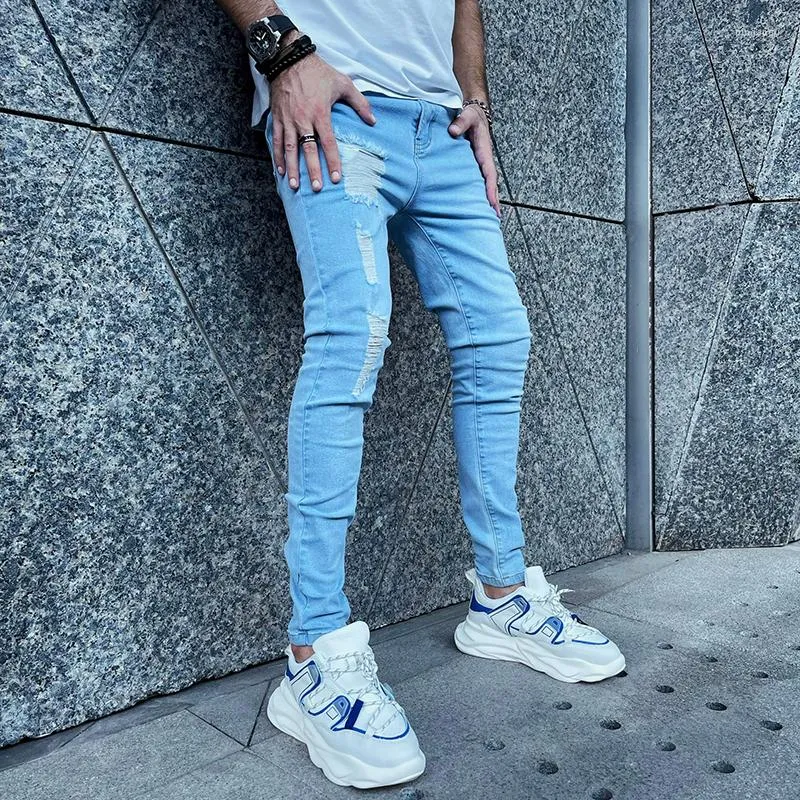 Jeans pour hommes bleu clair Satine hommes taille élastique Skinny Stretch déchiré pantalon Streetwear hommes Denim
