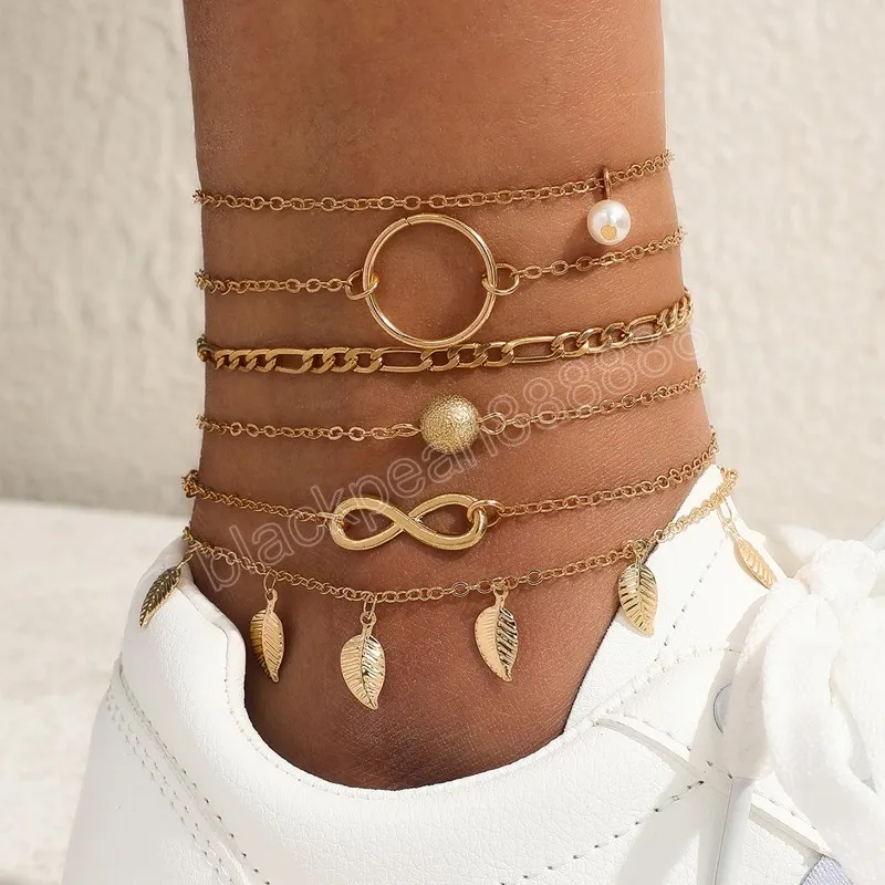 Gold Farbe Link Kette Unendlichkeit Ball Fußkettchen Für Frauen Punk Vintage Großen Kreis Blätter Quasten Fußkettchen Schmuck Geschenke