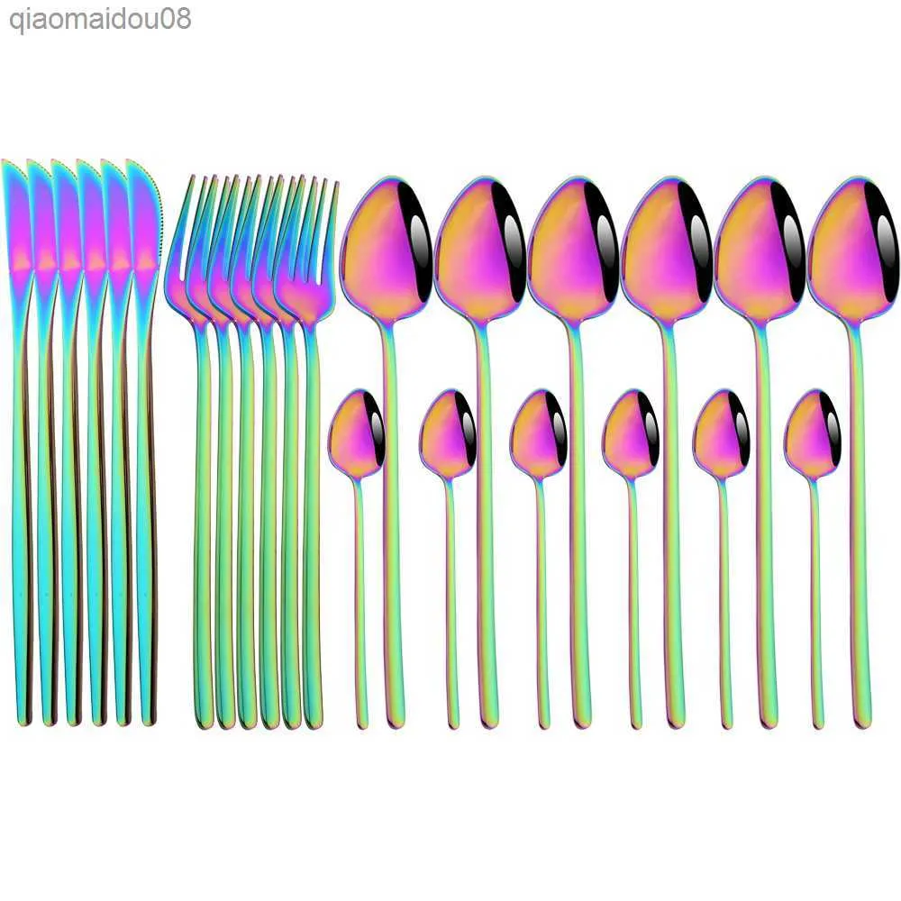 18/10 Stainless Steel Cutlery 16/24Pcs Rainbow Dinnerware Knife Fork Coffee Spoon Flatware Dishwasher Safe Kitchen Tableware Set