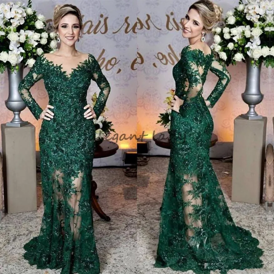 Glamous Emerald Yeşil Gece Elbiseler Moda Dantel Aplike Uzun Kollu Deniz Kızı Balo Elbisesi Özel Made Tulle Long EV278B