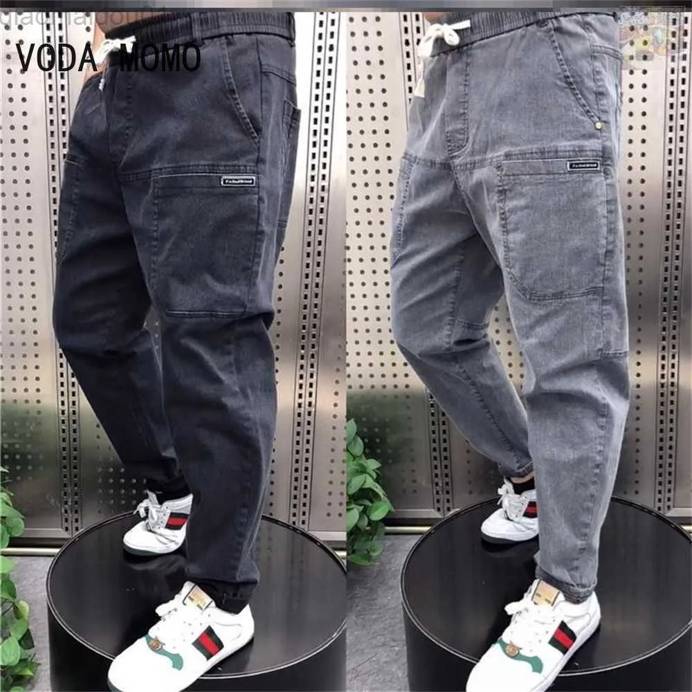 Herr jeans vår sommar svart blå last jeans män streetwear denim jogger pants män baggy harem jean byxor harem jean byxor l230724