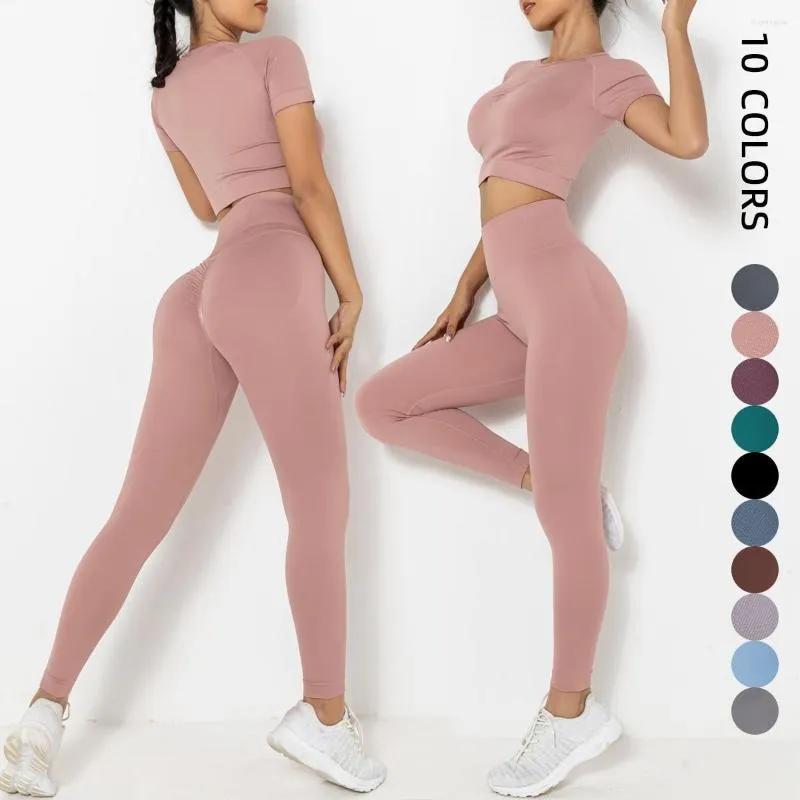 Set attivi Completi da yoga senza cuciture da donna Set da 2 pezzi Pantaloni da palestra per allenamento Top corto a maniche corte in Ropa Deportiva Mujer abbinata