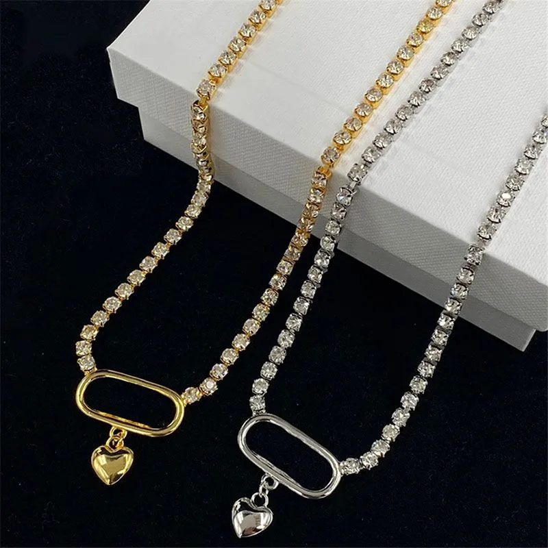 Kvinnor hänge halsband 18k guldpläterad diamant klassisk hjärta älskar dingle smycken för lady oval ihålig ring eleganshalsband