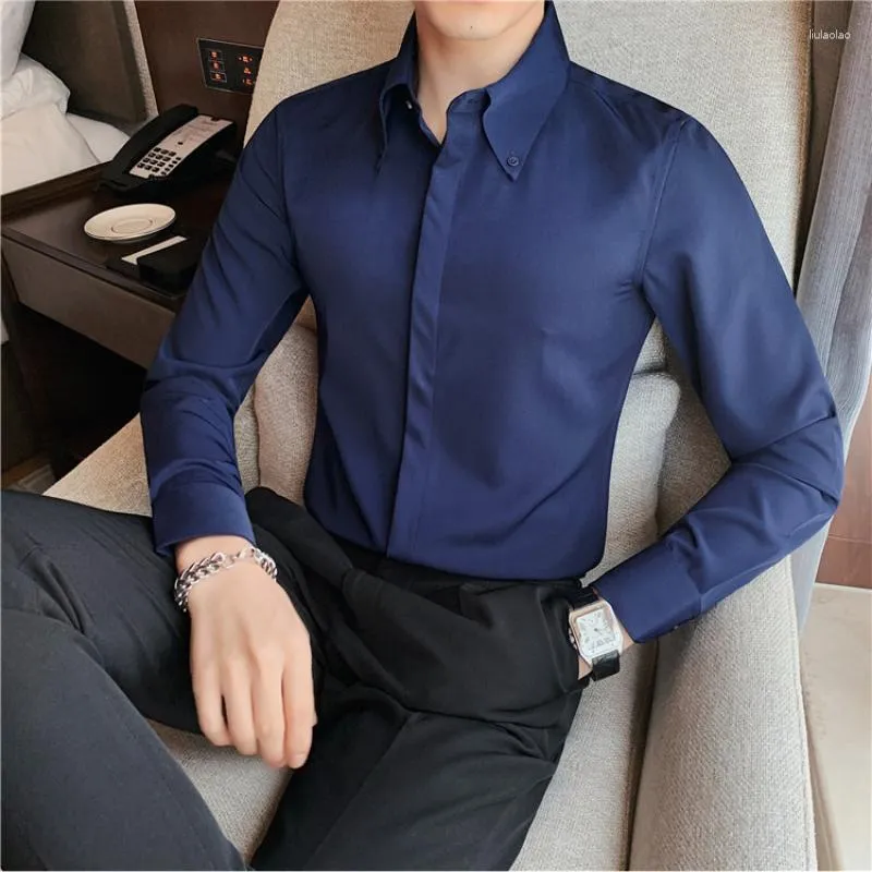 Männer Casual Hemden Männer Frühling Herbst Solide Business Kleid Männlich Versteckte Taste Slim Freizeit Alle Spiel Schnalle Kragen Hemd party