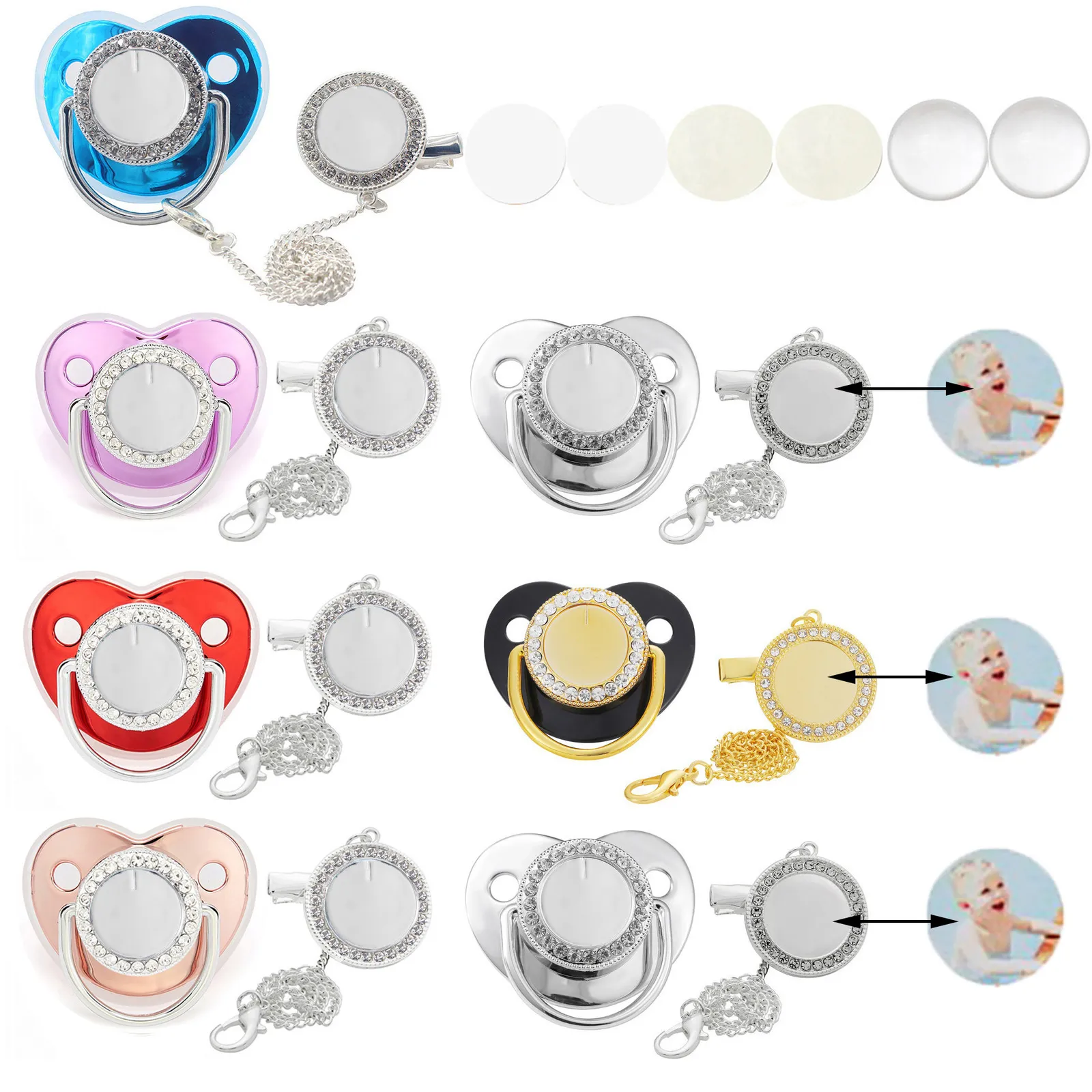 Jouets de dentition pour bébé 5 ensembles vierges Clips de sucette personnalisés de luxe Bling Silicone Sublimation Dummy Nipple Teether born Pacifer 230724