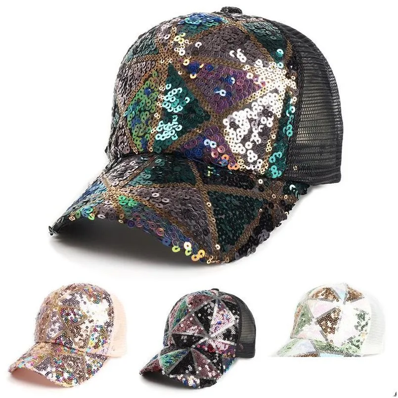 Ball Caps Fashion Sequins Baseball Cap For Women Summer Girls Female Snapback Mesh Casual Adjustable Sun Hat Drop Delivery Accessories Hats