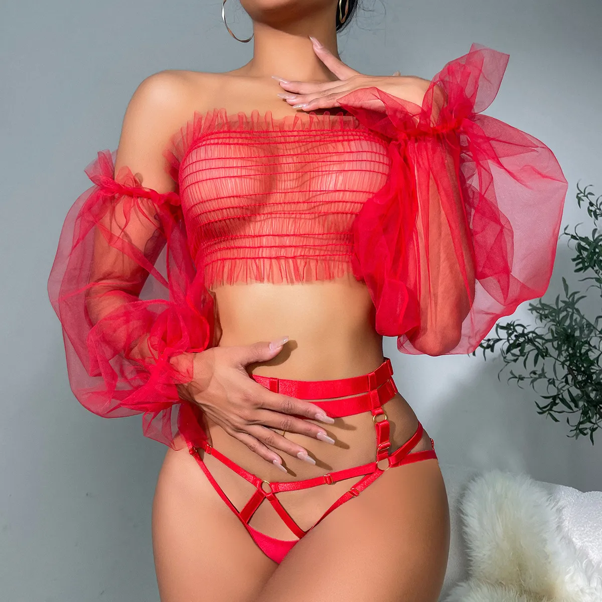 Ensembles de Lingerie à épaules dénudées en maille transparente tenues érotiques nues sans entrejambe sans censure à manches longues Transparent Sissy intime