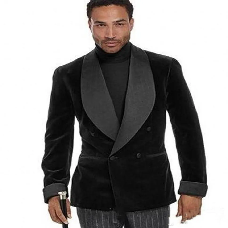 Guapo de doble botonadura de terciopelo negro boda hombres trajes chal solapa dos piezas negocios novio esmoquin chaqueta pantalones corbata W1303206O