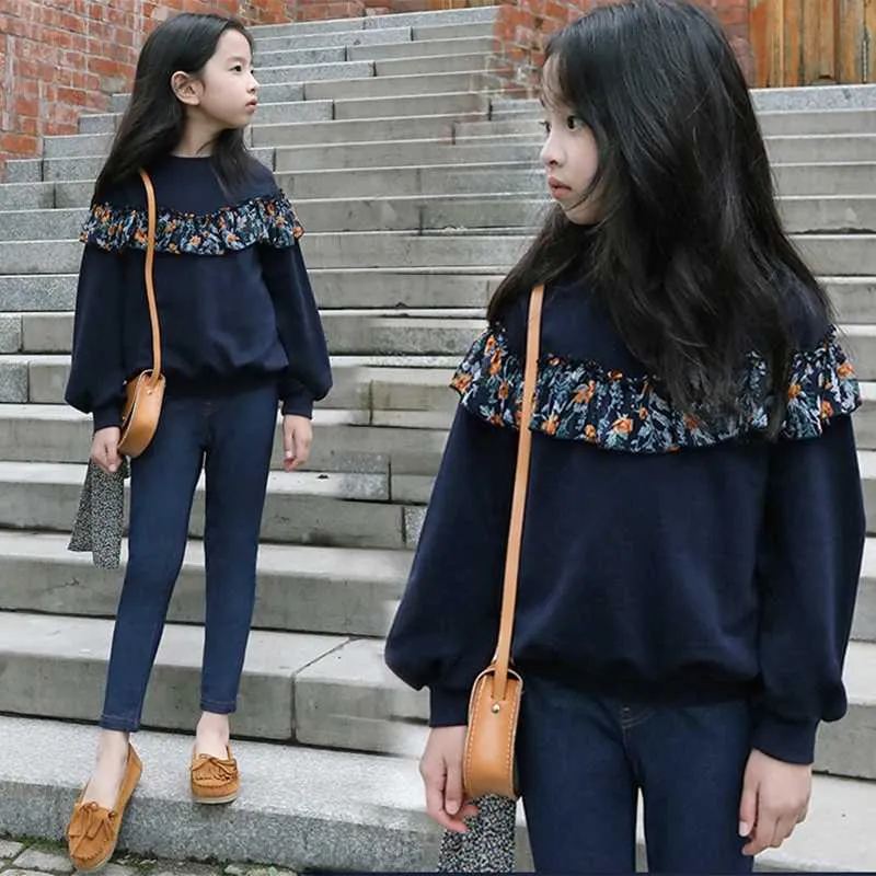Pullover Girls 'Sweatshirt veckad Wool Hoodie Youth Autumn Winter 10 12 Velvet Warm Children's Clothing Z230724