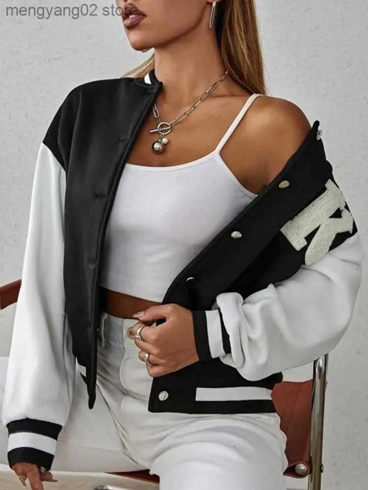 Two Tone Letter Patch Detail Womens Varsity Casual Jackets