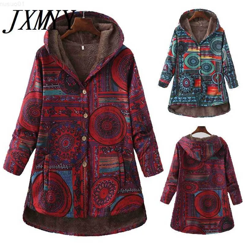 Femmes Vestes Femmes Hiver Floral Imprimé Manteau Vintage Harajuku Plus La Taille Lâche Casual Vestes Plus Velours Épais Chaud À Capuche Mode Manteau L230724