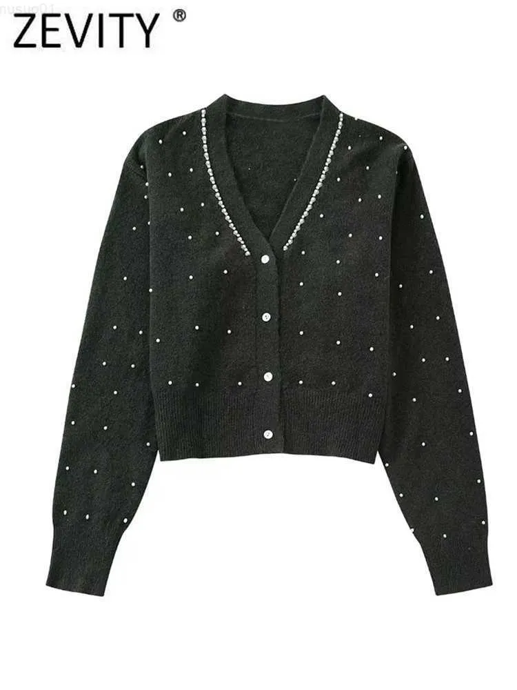 Women's Jackets Zevity 2022 Women Fashion V Neck Pearl Beading Appliques Knitting Sweater Female Chic Breasted Short Cardigan Coat Tops CT2848 L230724