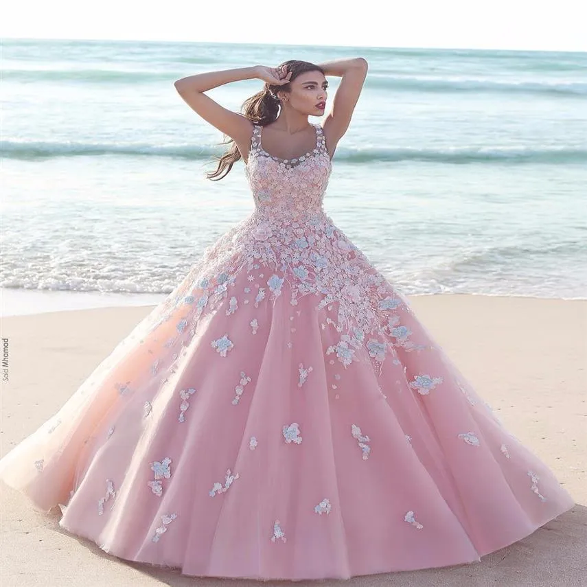 Princess Floral Flower Pink Ball Vestido Quinceanera Vestidos 2019 Apliques Tulle Tulle Scoop sin mangas de encaje Vestidos largos de fiesta Forma321b