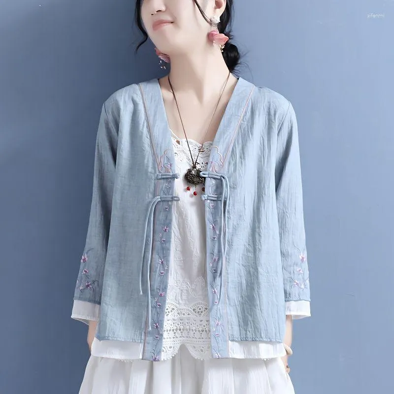 Damenjacken Frauen im chinesischen Stil Retro Eleganter V-Ausschnitt Weiche zarte Dame Stickerei Mode Sonnenschutz Sommer Atmungsaktiv Allgleiches
