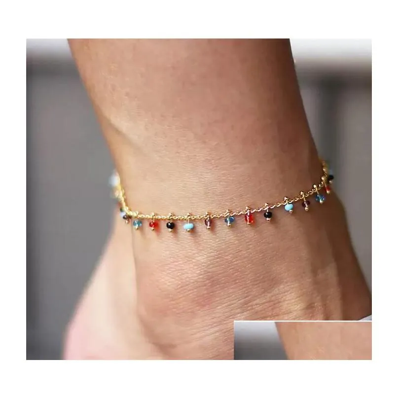 Bracelets de Cheville Colorf Riz Perles Pied Bracelet Simple Mode Mixte Couleur Gland Pendentif Or Été Cheville Boho Bijoux Drop Delivery Dhhwc
