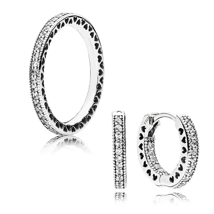 Pavé-Herz-Creolen- und RING-Set für Pandora, echtes 925er-Sterlingsilber, Designer-Schmuck für Damen, Herren, Paar, Geschenk, Ringe, Ohrring mit Originalverpackung, hohe Qualität