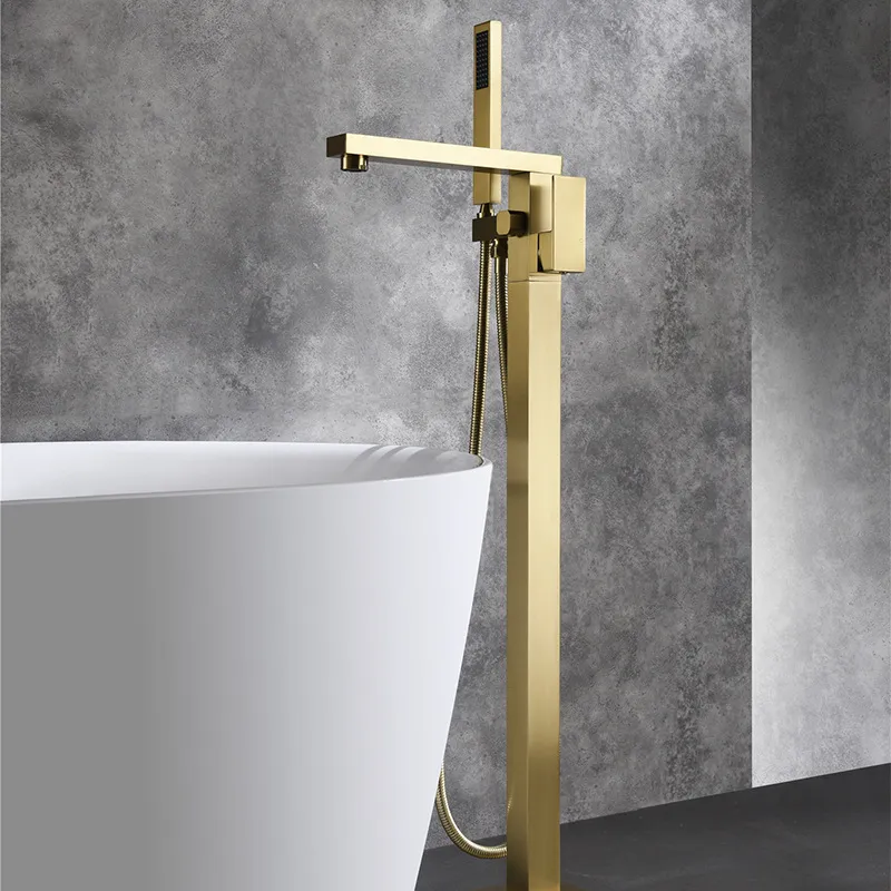 Badezimmer-Badewannen-Wasserhahn, Handbrause, freistehend, gebürstetes Gold, luxuriöse Badewannen-Mischbatterien, Bodenmontage