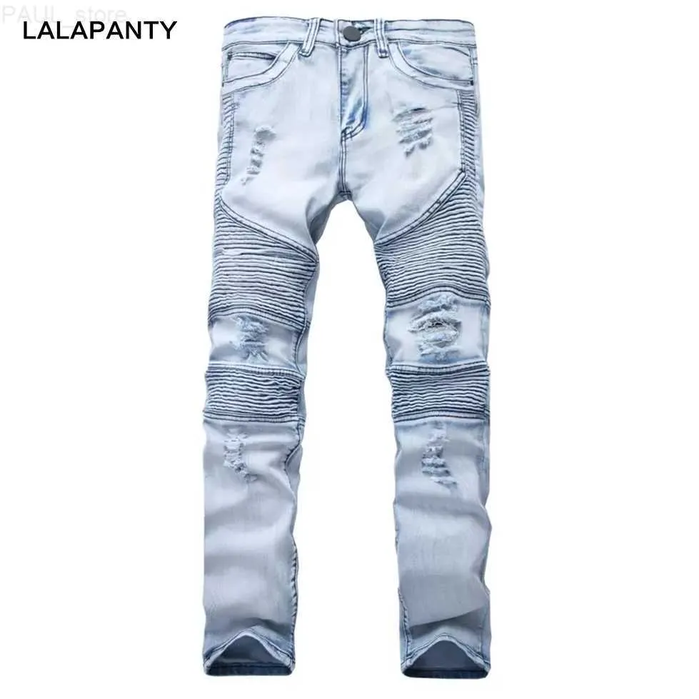 Homme LALAPANTY Vêtements Jeans slp Bleu / Noir Détruit Hommes Slim Denim Straight Biker Skinny jean Hommes Ripped jeans Pantalon L230724