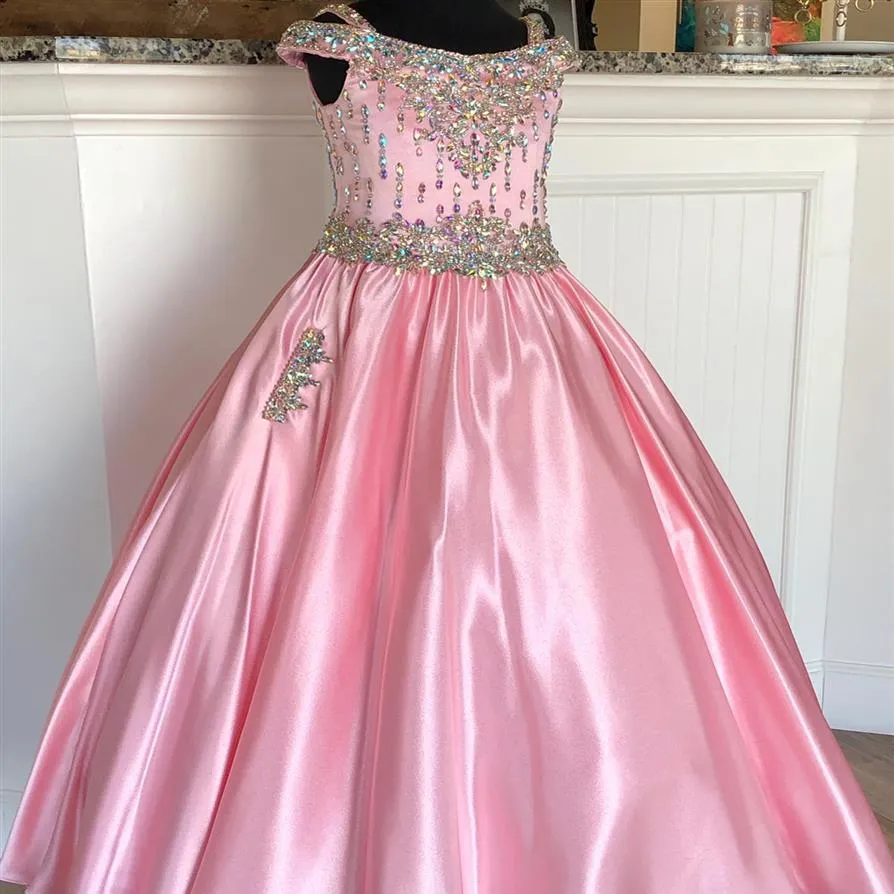 Little Miss Pageant Dress for Teens Juniors Toddlers 2021 Beading Ab-Stones Crystal Pink Satin Long Girls Prom Gown Formal Party R265T