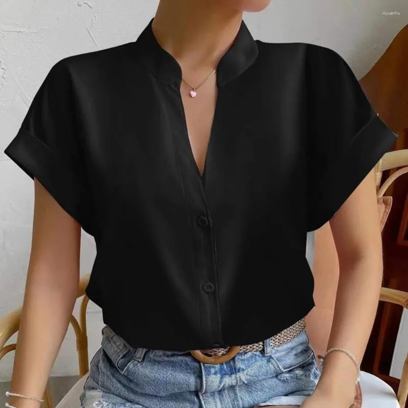 Blusas Femininas Camisa Leve Camisa Sedosa Suave com Decote em V Elegante Gola Alta Manga Curta Para Negócios Formais Estilo Commute