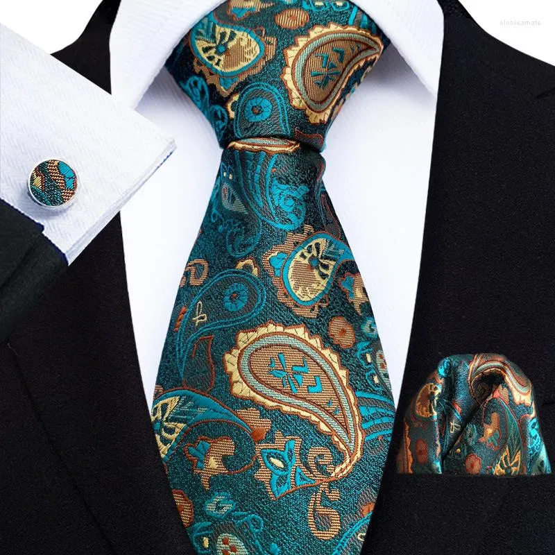 Bow Ties Fashion Märke Trevligt handgjorda 8cm Silk Tie Handkuchief Manschettknappar Set för män Slipsgrön Paisley Shirt Accessories Lover's Day