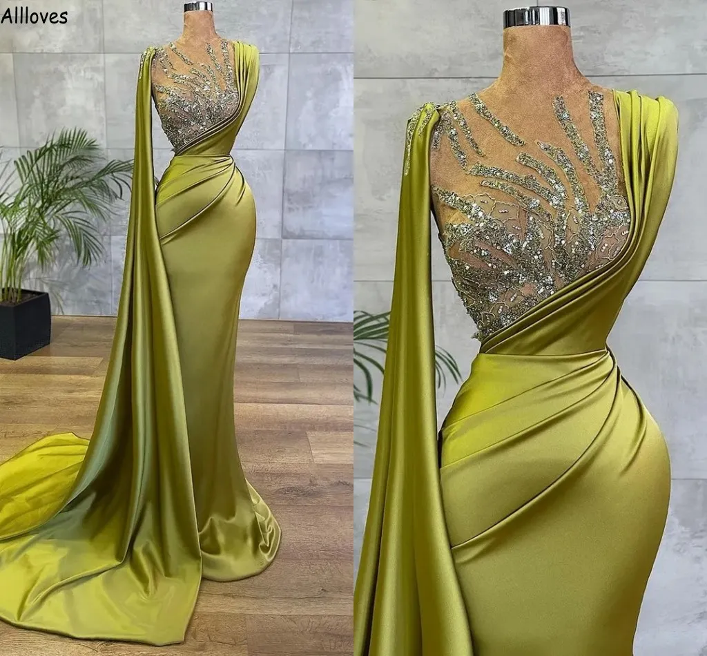 Olive Green Glossy Silk Satin Prom Dresses With Wrap Sparkle Sequined Long Mermaid Evening Party Gowns Ruched Sweep Train Women Second Reception Dress Formal CL0299