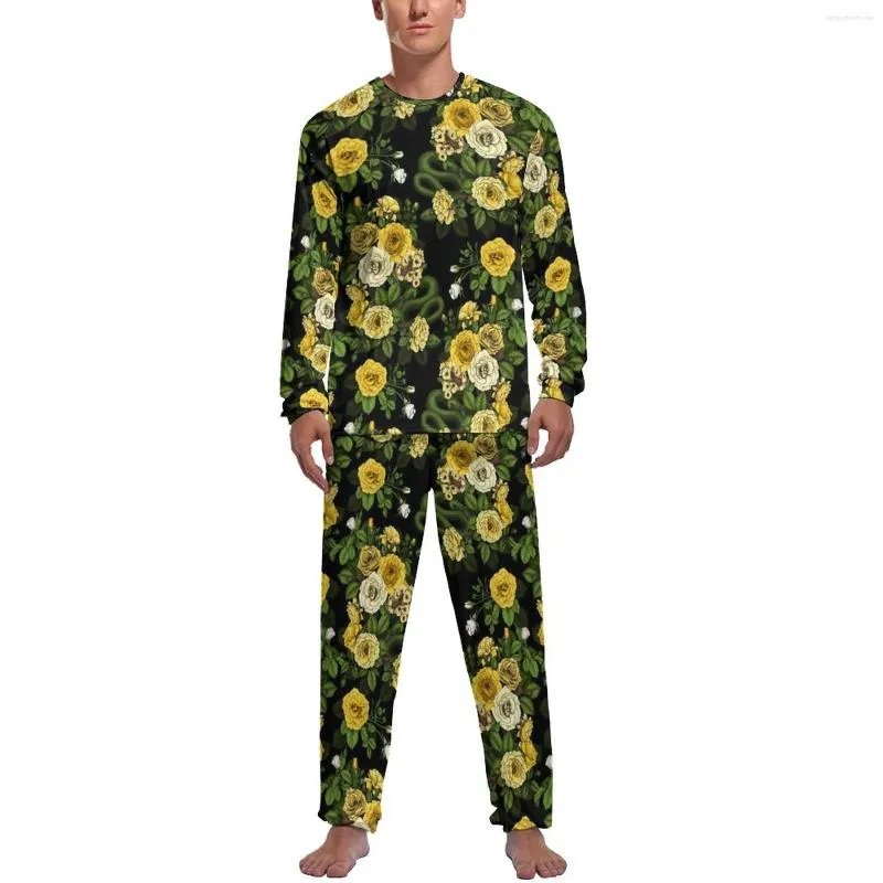 Men's Sleepwear Rose Print Pajamas Men Yellow And Green Retro Nightwear Daily Long Sleeve 2 Piece Casual Custom Pajama Sets