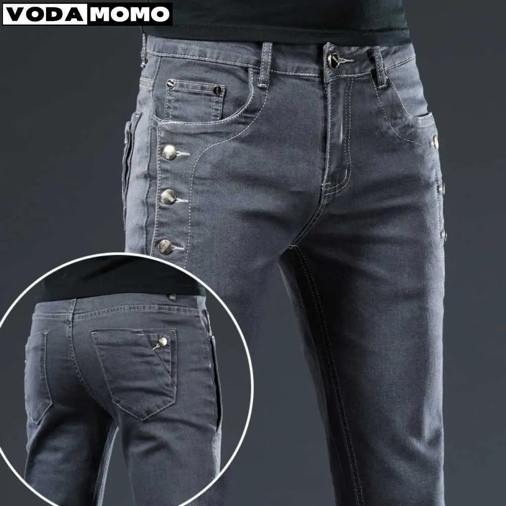 Mäns jeans knapp sida män jeans smala mager klassisk casual all-match mörkgrå kontor casual manlig sträcka denim byxor märke kläder l230724