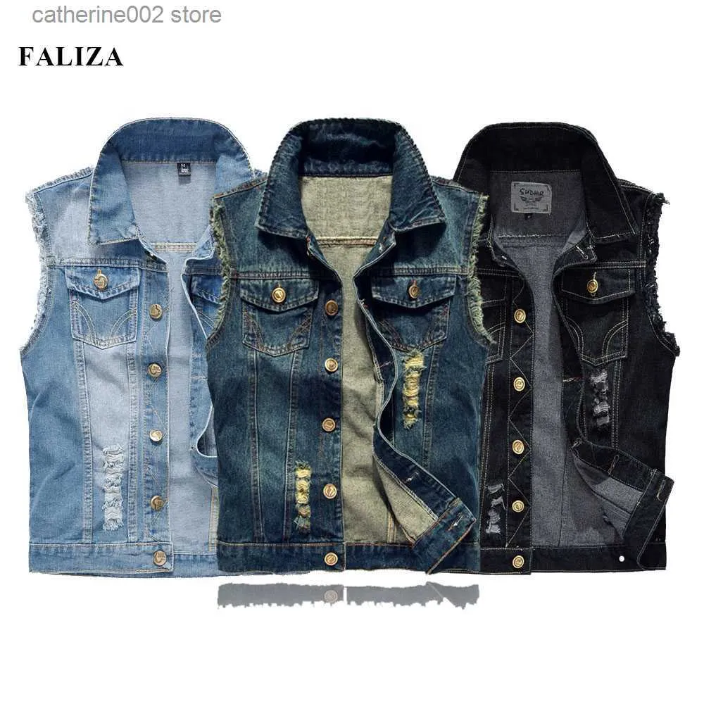 Heren Vesten FALIZA Heren Denim Vesten Gescheurde Mouwloze Jeans Jas Mannen Vesten Katoen Gilet Tank West Cowboy Hip Hop Streetwear MDJ07 T230724