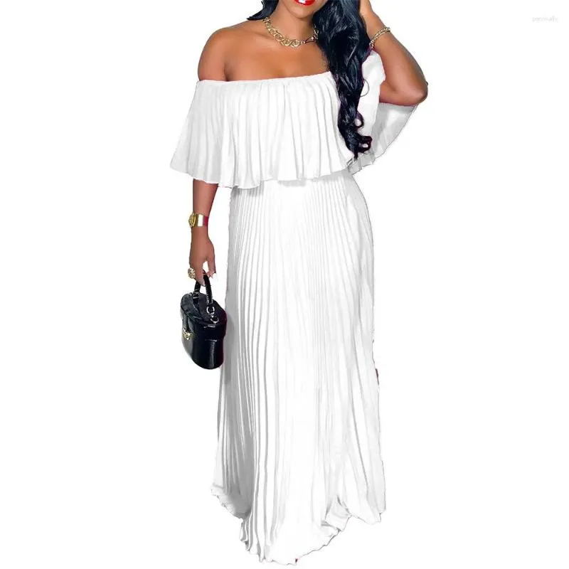 Ethnic Clothing African Pleated Dress Women Slash Neck Off The Shoulder Robe Summer Fashion Solid Sexy Streetwear Elegant Long