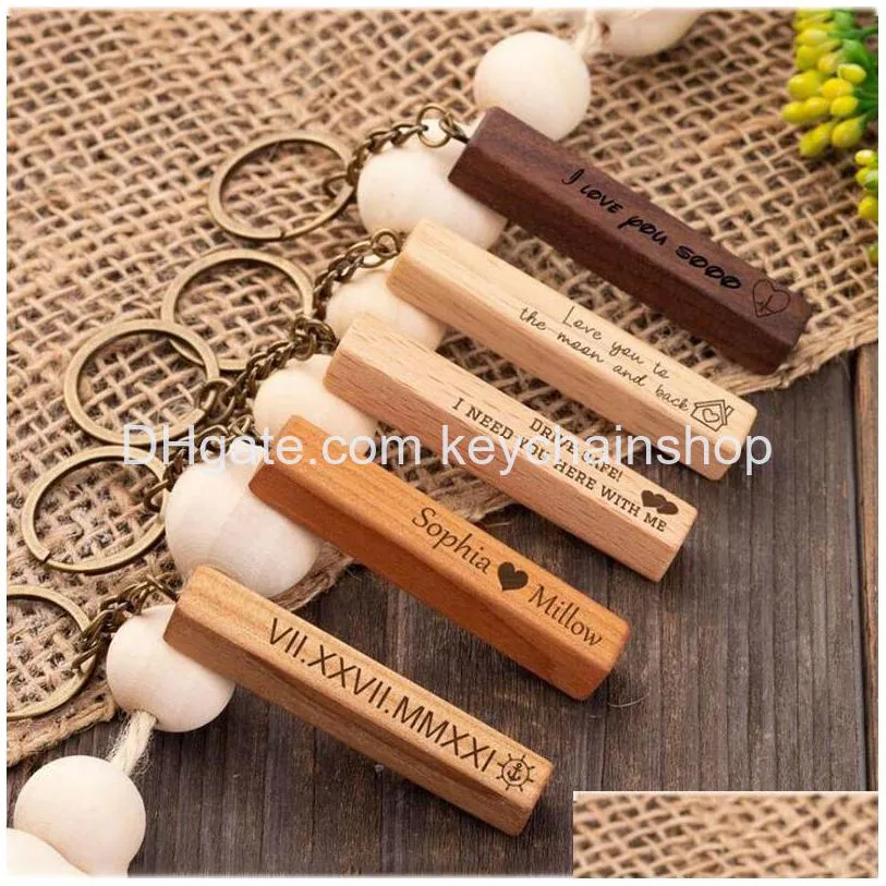 Key Rings Personalized Gift Bag Charm Custom Keychain Monogrammed Engraved Wood Bar For New Driver Home Car Realtor Keys Drop Delivery Dhwuy