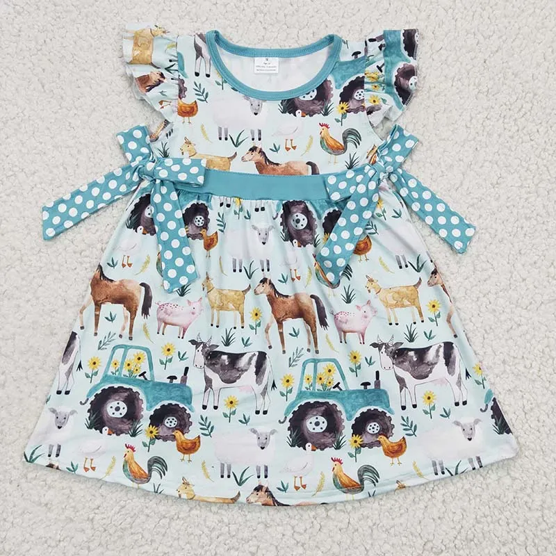 Bebé niña niños granja Animal Tractor vestido de manga corta caballo pollo vaca cerdo niños infantil venta al por mayor ropa Floral para niños pequeños