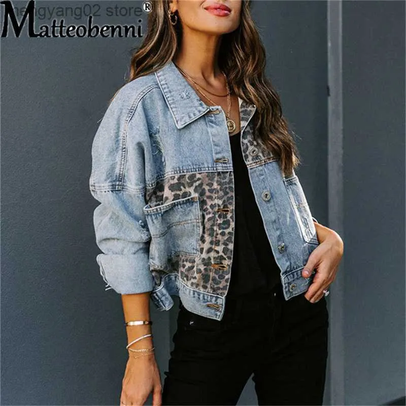 Vrouwen Jassen Mode Contrast Luipaard Jeans Jas Vrouwen Elegante Turn-Down Kraag Metal Dichtgeknoopt Vest Jassen Lange Mouwen Denim Jasje Nieuwe T230724