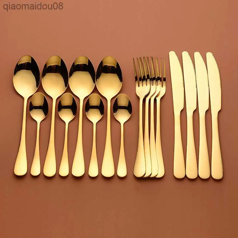 Set di posate in oro Forchette Coltelli Cucchiai Posate in acciaio inox Set da tavola Set da tavola dorato Set da tavola completo Cucchiaio d'oro Nuovo L230704