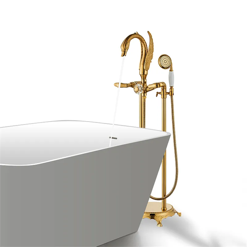 Gold BathTub Faucet Floor Stand Swan Bathtub Mixer 360 graders rotationspip med handskårhuvudbadblandare dusch