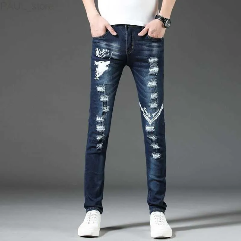 Hommes hommes jean printemps mode imprimé déchiré décontracté mince confortable haute qualité élastique petits pieds pantalon 230720 L230724