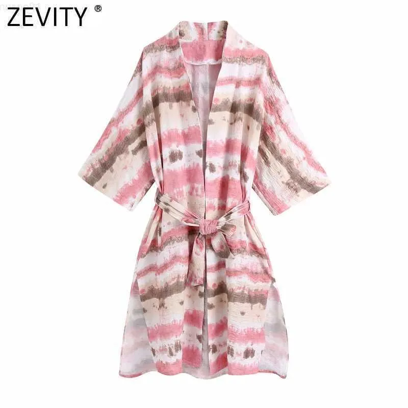 Trench da donna ZEVITY 2021 Donna Vintage Color Matching Tie Dye Stampa Split Cardigan Coat Donna Bow Sashes Kimono Chic Summer Top CT721 L230724