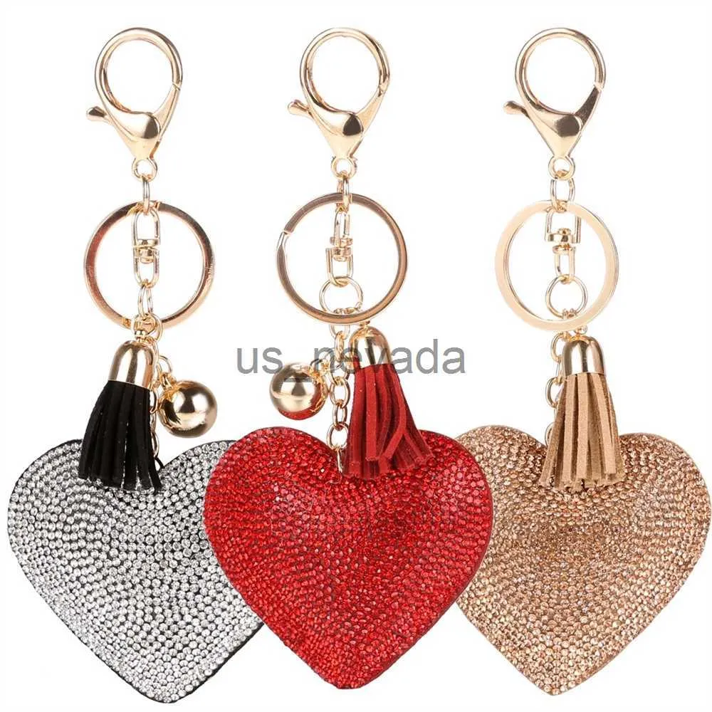 Anahtarlıklar Landards Renkli Kalp Tam Rhinestone Keychain PU Deri Tassel Keyasyon Kadınlar Araba Anahtar Tutucu Sevgililer Günü Hediyesi J230724