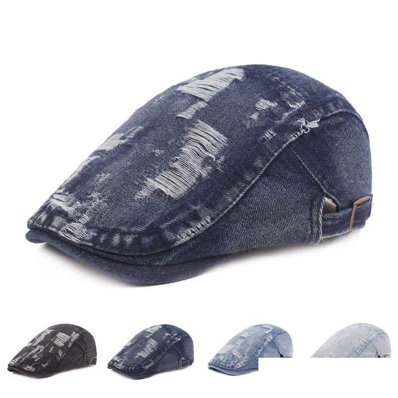 Basker mode hål cowboy hattar för män retro denim newsboy hatt uni casual bomull basker hip hop platt droppleverans tillbehör halsdukar g g