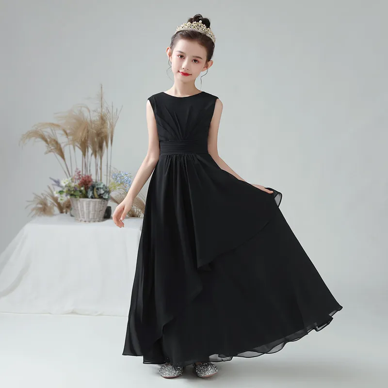 Dideyttawl Abito da principessa formale da bambina in chiffon nero Abito lungo da concerto junior 2023 Abito da ragazza semplice fiore per la festa serale