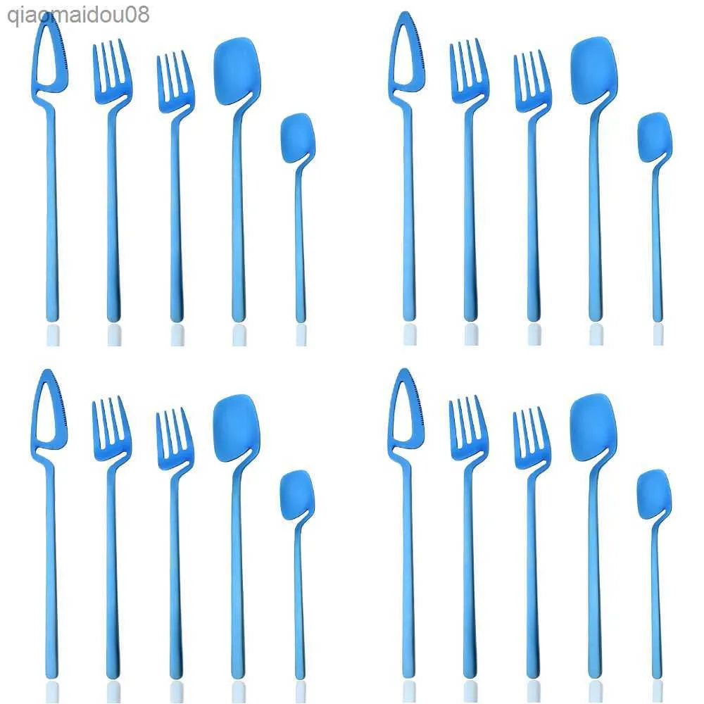 20шт -синие столовые приборы набор матовой посуды, набор посуда, десерт, вилка 18/10 из нержавеющей стали.